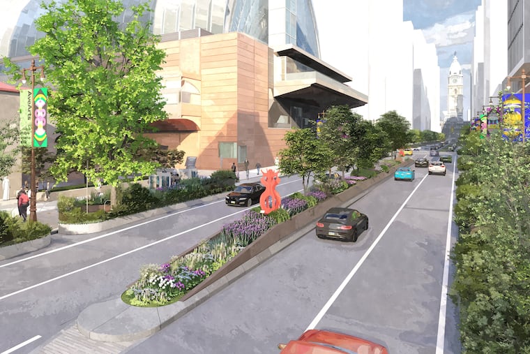 Both the median strip and sidewalks on South Broad Street will hold landscaping and art under a new streetscape planned to eventually stretch from City Hall south to Washington Ave. The first phase, from Spruce to Pine Sts., is pictured in this rendering.