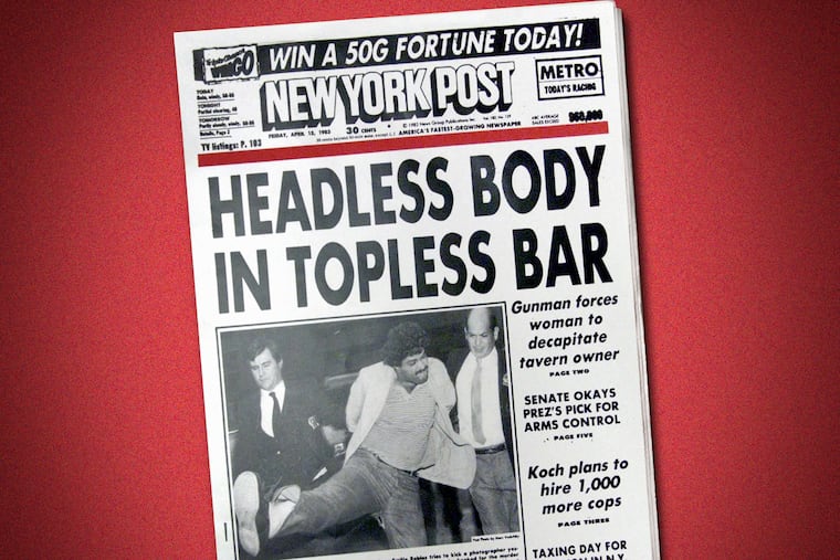 The front page of the New York Post from April 15, 1983, featuring the iconic headline: "Headless Body in Topless Bar."