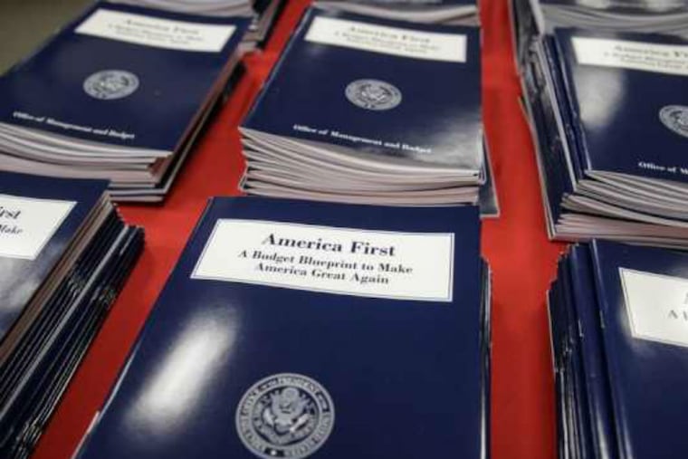 Copies of President Trump's first budget proposal.