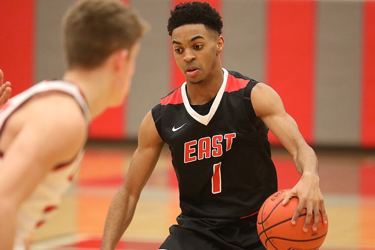 Cherry Hill East at Lenape HS boys' Basketball Game. --.CHEERY HILL EAST #1 Carl Gibson is dribbling against Lenape during the Game
Jan,29, 2019 AKIRA SUWA / For The Inquirer.