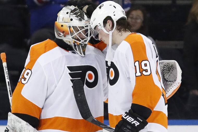 Goaltender Alex Lyon and center Nolan Patrick celebrate after the Flyers’ 7-4 win over the Rangers at Madison Square Garden back on Feb. 18. Lyon stopped 25 of 26 shots in relief to earn his first NHL win.