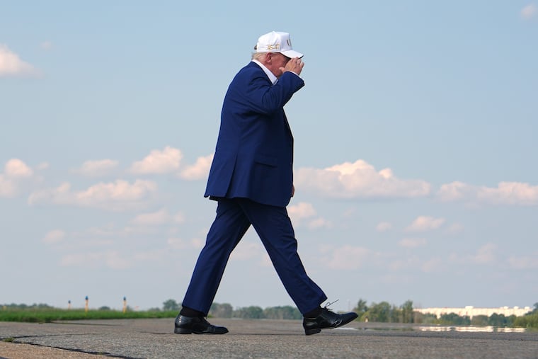 President Donald Trump walks to board Air Force One at Morristown Airport, Sunday, Aug. 9, 2026, in Morristown, N.J.