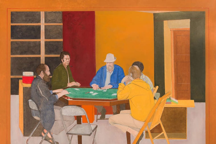 "The Poker Game," Larry Day's 1970 oil depicting five area artists. Day is represented by the empty chair.