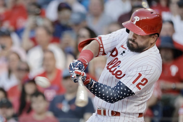 Phils Kyle Schwarber makes contact in the second inning of the St. Louis Cardinals at Philadelphia Phillies Major League baseball game at Citizens Bank Park in Phila., Pa. on July 3, 2022.
