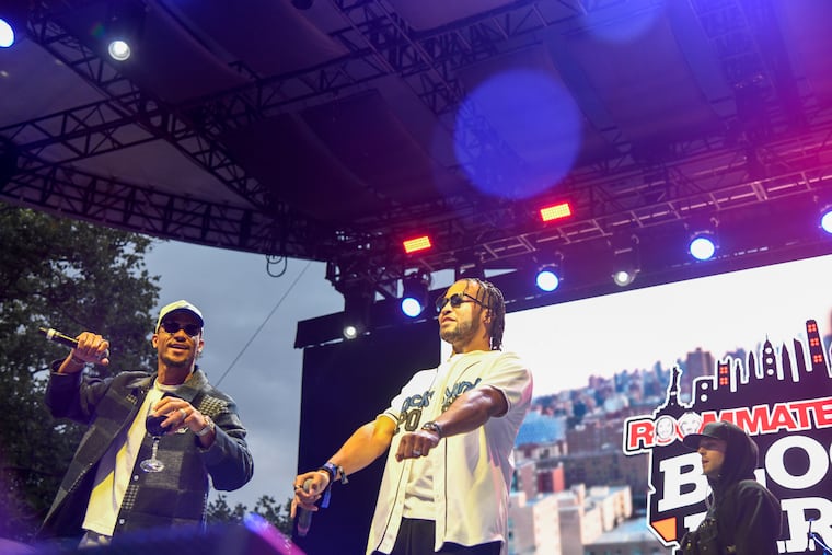Jalen Brunson (right) and Josh Hart film the Roommates Live Podcast event in Central Park in Manhattan, NY. They are two of four former Villanova players on the New York Knicks.