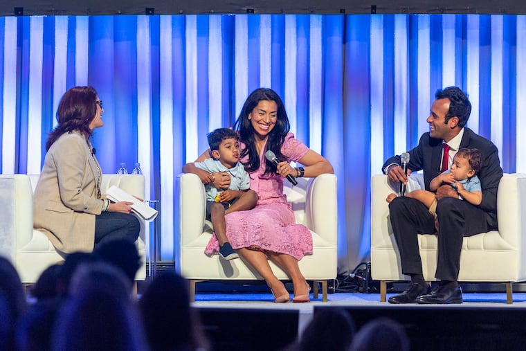 Moms for Liberty co-founder Tiffany Justice, (left), speaks with GOP Presidential candidate Vivek Ramaswamy, (right), along with his wife and his kids during the Moms for Liberty National Summit at the Marriott in Philadelphia, Pa., on Saturday, July 1, 2023.