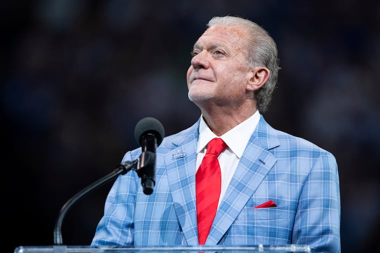 Indianapolis Colts owner Jim Irsay talks during the Hall of Fame ring ceremony for Peyton Manning and Edgerrin James in 2021.
