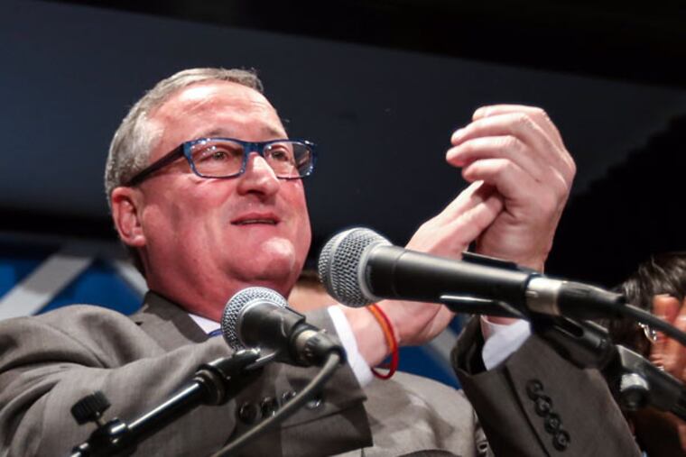 Jim Kenney celebrates at his victorious election party. (STEVEN M. FALK / STAFF PHOTOGRAPHER)