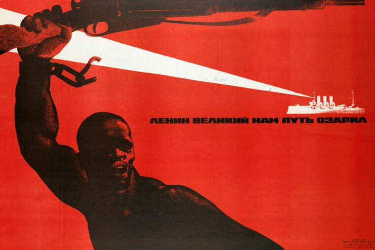"The Great Lenin Illuminated Our Path" is a poster from the 1930s that is part of the exhibition, "Black Bodies in Propaganda: The Art of the War Poster." During the Cold War, the Soviet Union supported African freedom fighters opposing colonial rule, as well as black activists in the United States.