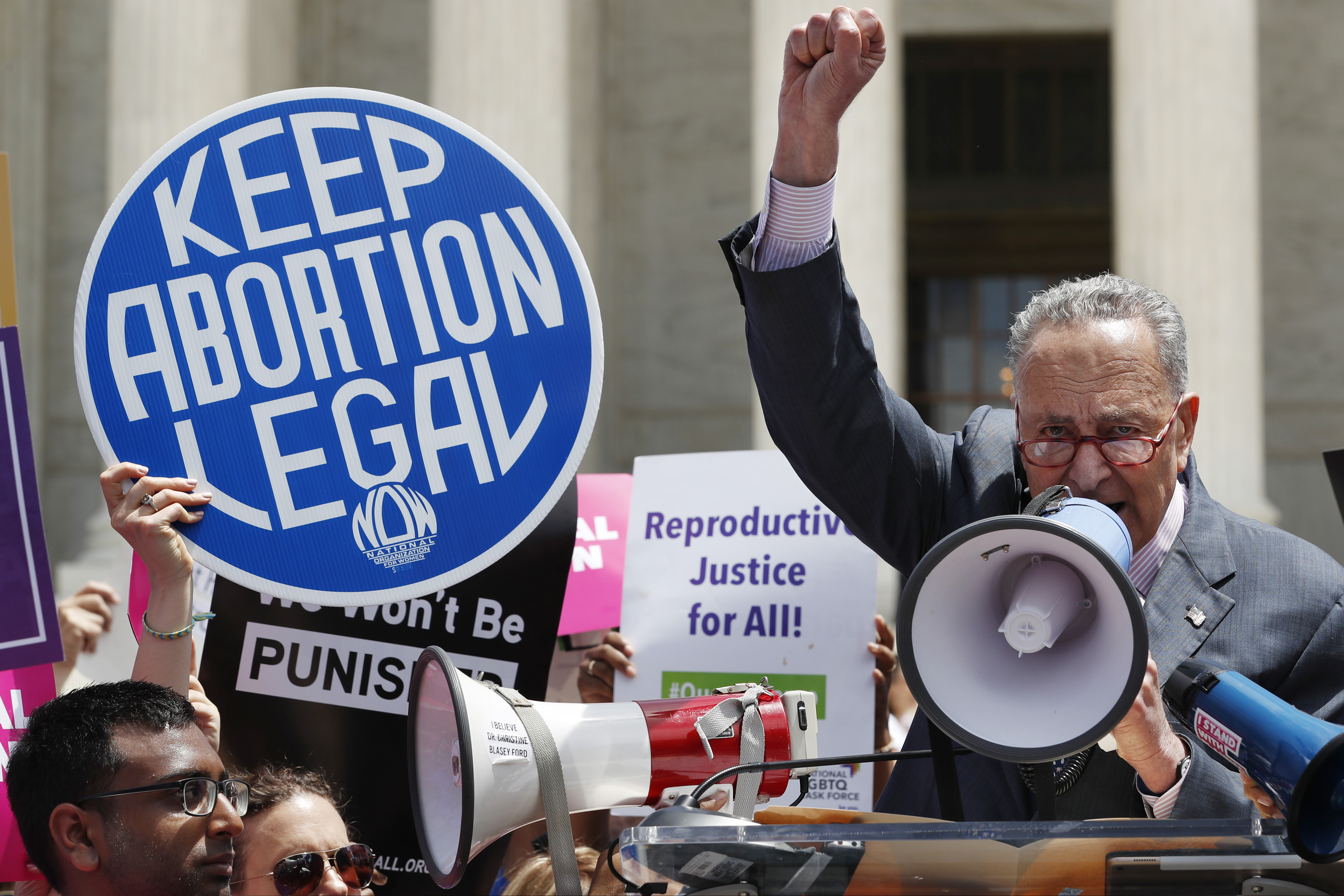 Senate Minority Leader Sen. Chuck Schumer (D, N.Y.) speaks during a protest against abortion bans on May 21 outside the Supreme Court in Washington.