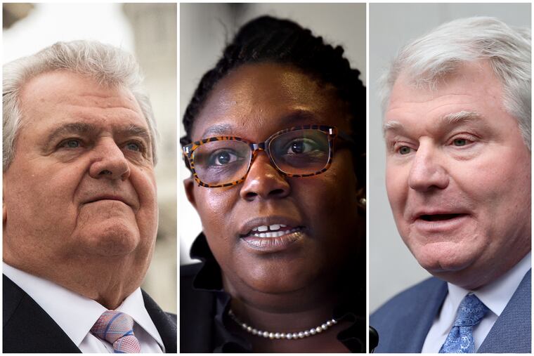Philadelphia Democratic City Committee chairman Bob Brady, left, City Councilwoman-elect Kendra Brooks, center, and IBEW Local 98 leader John Dougherty, right.