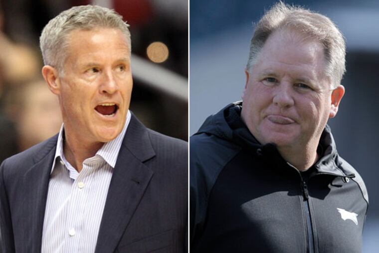 Sixers head coach Brett Brown and Eagles head coach Chip Kelly. (Yong Kim/Staff Photographer) (Michael Perez/AP)
