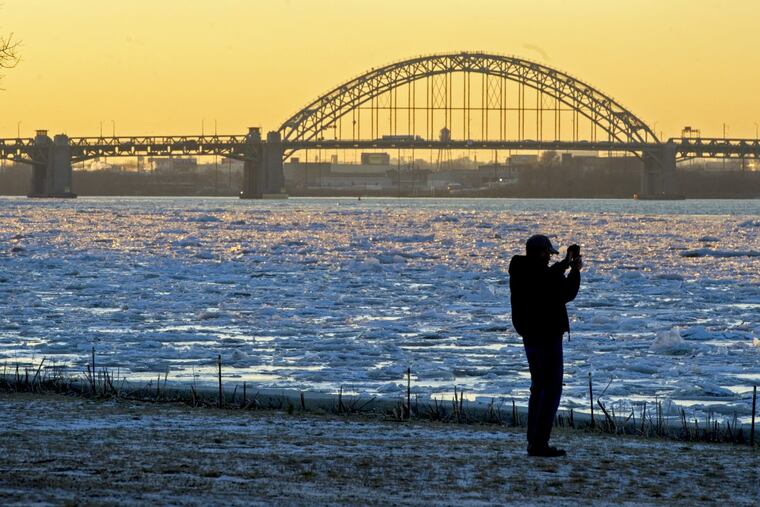 The Tacony-Palmyra Bridge as seen from the New Jersey shore north of the span.