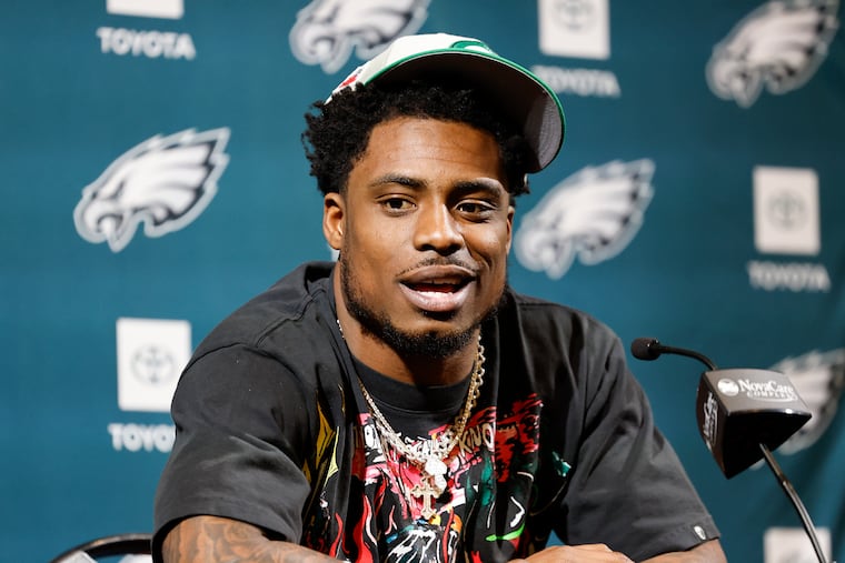 New Eagles safety C.J. Gardner-Johnson talks to the local media during an introductory press conference at the NovaCare Complex in South Philadelphia on Friday, March 145, 2024.