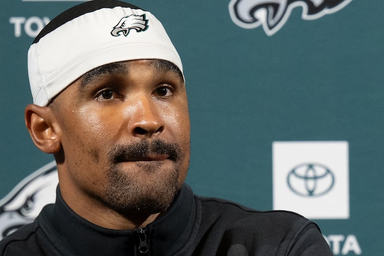 Philadelphia Eagles Jalen Hurts talks to the media after practice at the Eagles Training Facility in South Philadelphia.