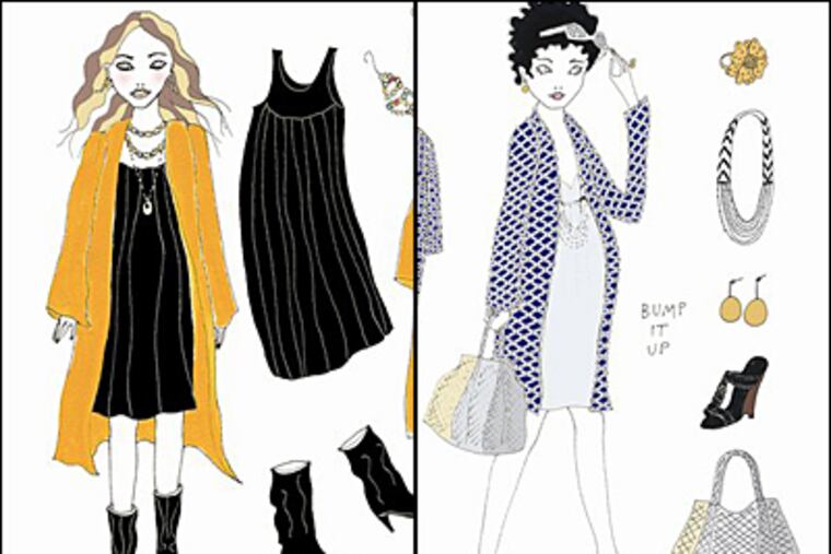 Two artist sketches by Annika Wester that appears in "Bump It Up," by Amy Tara Koch. Much is made of the non-maternity clothes an expectant mother can wear during pregnancy, but some maternity clothes also do double duty once the baby is born. (AP Photo/Annika Wester/CWC International, Inc.) NO SALES
Summary