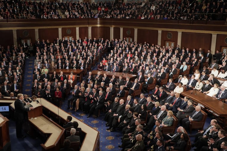 President Donald Trump addresses a joint session of Congress on Capitol Hill in Washington. Trump will deliver his first State of the Union address on Tuesday, Jan. 30, 2018.