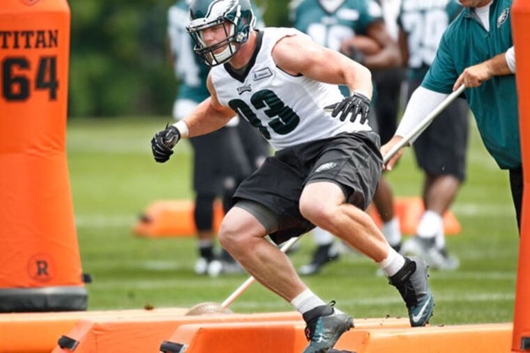 Eagles defensive lineman Brandon Bair, runs through an agility drill during practice on Tuesday, June 16, 2015.