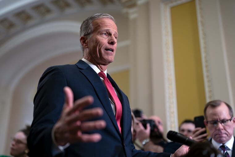 Senate Majority Leader John Thune (R., S.D.) speaks to reporters after meeting with Vice President JD Vance and fellow Republicans to discuss President Donald Trump's agenda at a luncheon at the Capitol in Washington on Wednesday.
