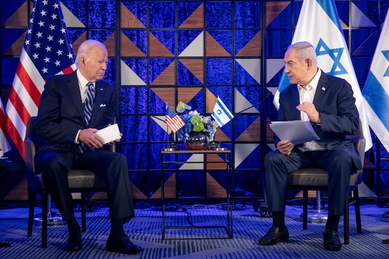 President Joe Biden and Israeli Prime Minister Benjamin Netanyahu discuss the Israel-Hamas war in Tel Aviv, Israel, on Oct. 18.