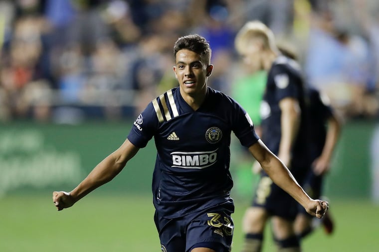 Union midfielder Quinn Sullivan celebrates after scoring a second-half goal against CF Montréal at Subaru Park on Saturday night