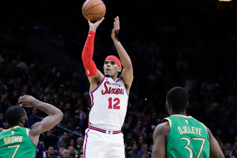 The Sixers won three of four against the Celtics this season, including both games at home. Here, Tobias Harris rises for a jump shot over Jaylen Brown at the Wells Fargo Center.