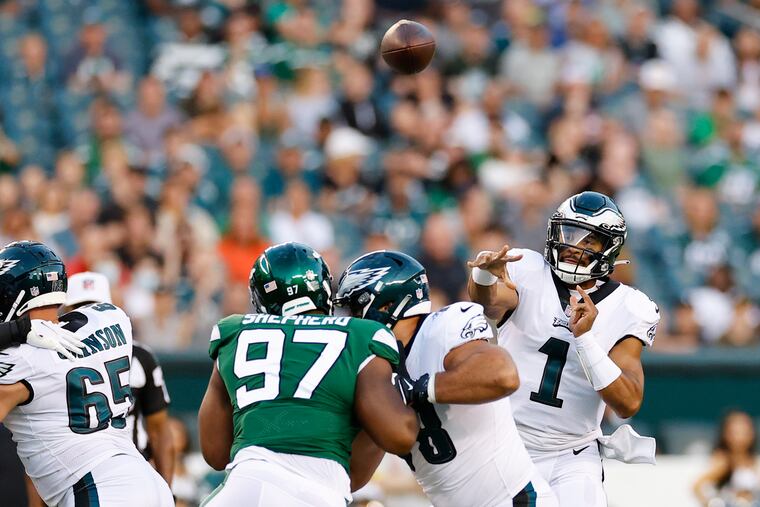 Eagles quarterback Jalen Hurts completed 8 of 8 passes for 80 yards on his lone drive of the game on Friday.
