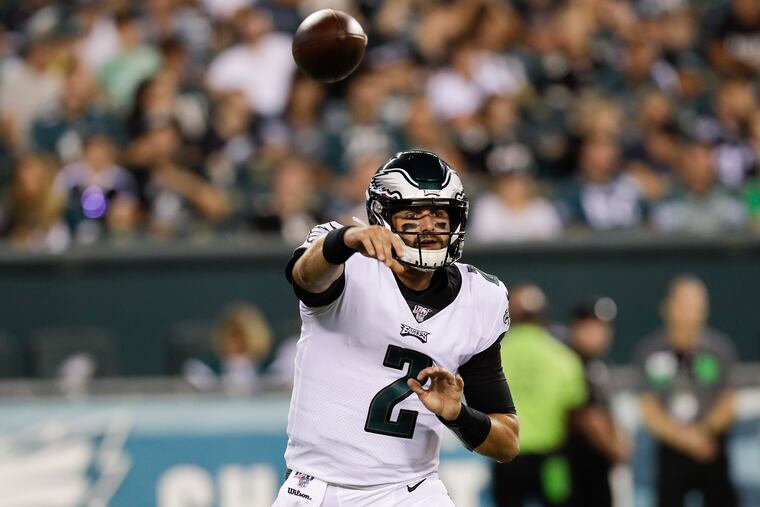 Eagles quarterback Cody Kessler throws a pass against the Titans on Thursday night. He was 3 for 6 for 12 yards in a little more than a quarter of work.