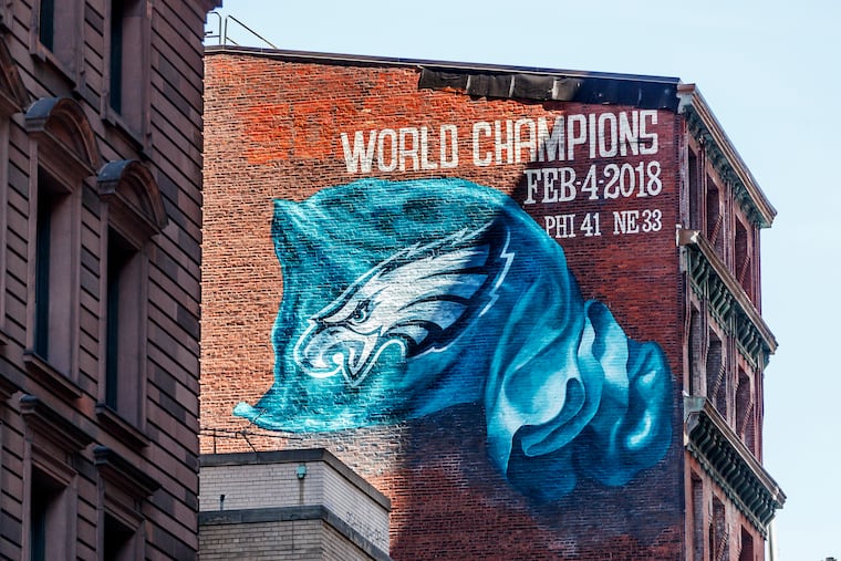 A championship Eagles mural is painted on a building in the 1300 block of Sansom Street on Sept. 4, 2018.