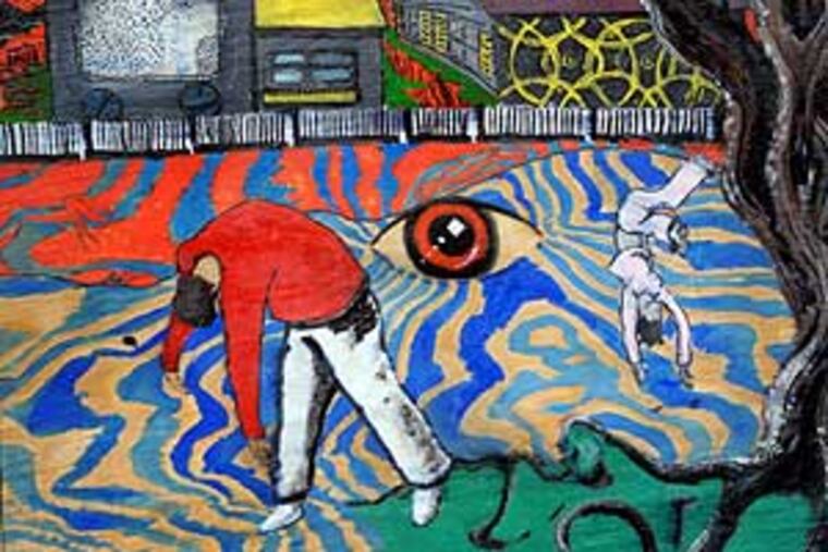 An untitled painting by Matt Powerhouse is one of 19 pieces of surrealist art by Rutgers-Camden students. The display, on Market Street between Second and Third Streets, continues through Monday.