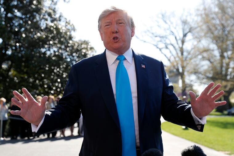 President Donald Trump speaks to members of the media on the South Lawn of the White House in Washington, before boarding Marine One helicopter, Wednesday, April 10, 2019. (AP Photo/Pablo Martinez Monsivais)