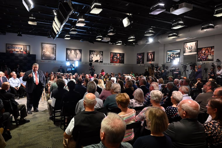 Former New Jersey Gov. Chris Christie launches his bid for the 2024 Republican nomination for president at a town hall at Saint Anselm College in Manchester, New Hampshire Tuesday June 6, 2023.