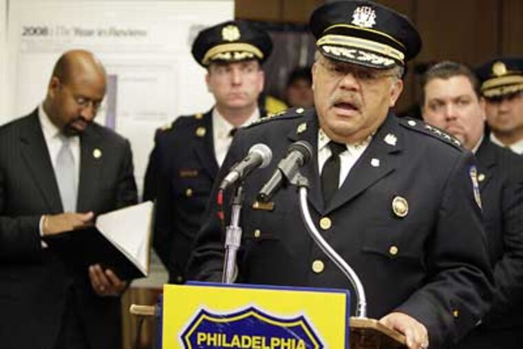 Philadelphia Police Commissioner Charles Ramsey reviews the 2008 crime stats during a news conference at the 18th police district on Tuesday. (David Maialetti / Staff Photographer)
