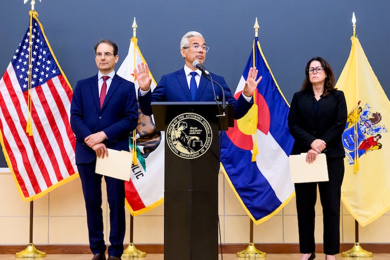 California Attorney General Rob Bonta discusses a lawsuit against Meta during a press conference on Tuesday in Oakland, Calif. Joining him are Colorado Attorney General Philip Weiser and New Jersey Attorney General Jennifer Davenport.