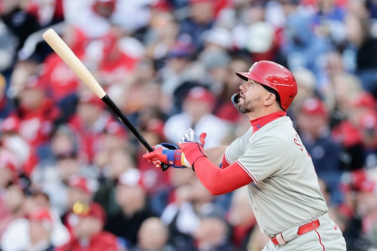 Phillies designated hitter Kyle Schwarber watches his solo home run against the Washington Nationals at Nationals Park in Washington D.C. on Thursday, March 27, 2025.