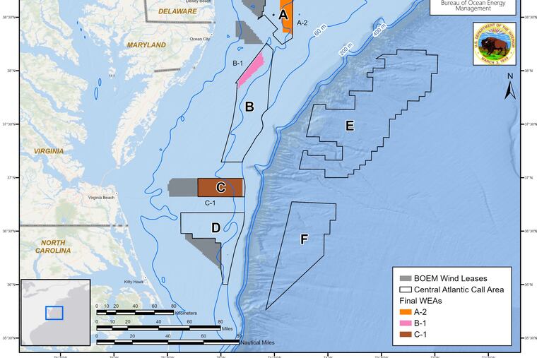 Map shows lease areas for offshore wind announced July 31, 2023, by the federal Bureau of Ocean Energy Management. The areas are off Delaware, Maryland, and Virginia. If fully developed, the areas could support 4 and 8 gigawatts of energy production.