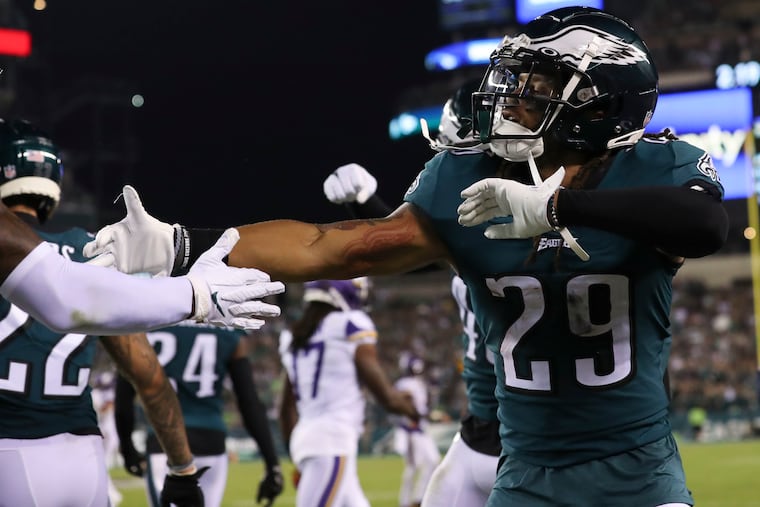Philadelphia Eagles cornerback Avonte Maddox (29) celebrates an interception during the the third quarter against the Minnesota Vikings at Lincoln Financial Field on Monday, September 19, 2022.