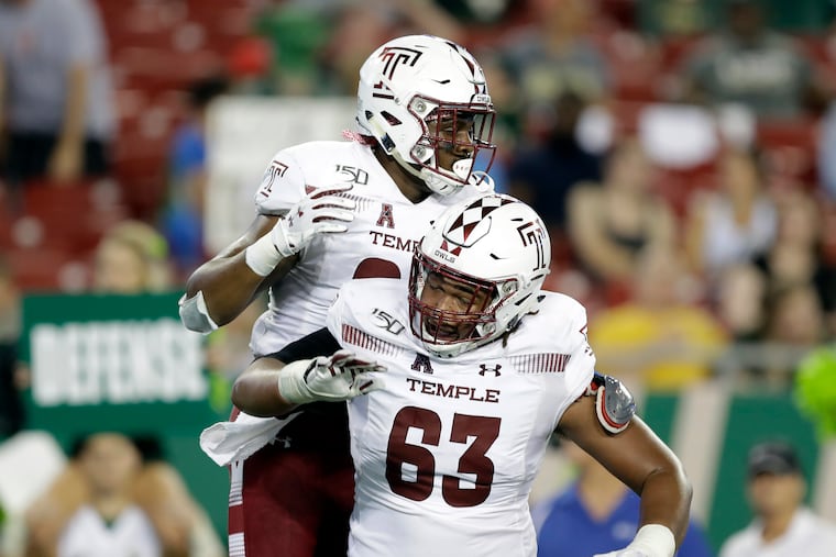 Former Temple offensive lineman Isaac Moore (63) here in 2019, found a home in football with the USFL's Philadelphia Stars.