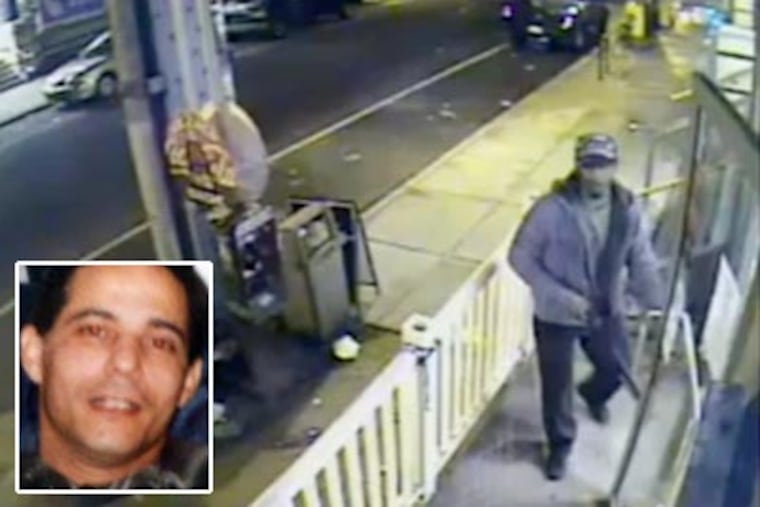 Surveillance video shows one of the two men - the alleged shooter - wanted in connection with the killing of store clerk Mustafa Shaker, 50, left. Police say the suspect was black, in his 20s and wore a black baseball cap with Armani printed in white. Watch the surveillance video <a href="http://www.philly.com/philly/video/122714179.html"><b>here</b>.</a> (www.phillypolice.com)