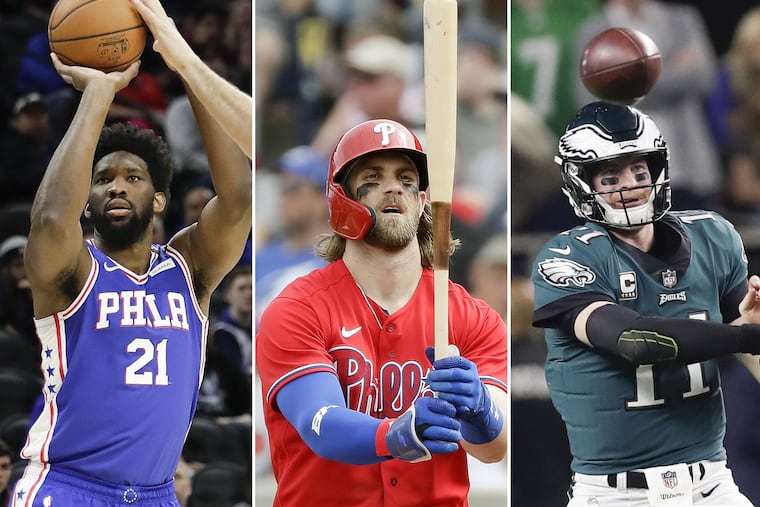 From left, Joel Embiid, Bryce Harper, and Carson Wentz.