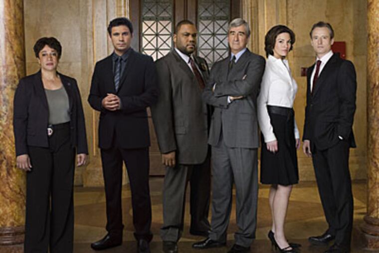 The cast of "Law & Order," from left: S. Epatha Merkerson as Lt. Anita Van Buren, Jeremy Sisto as Cyrus Lupo, Anthony Anderson Detective Kevin Bernard, Sam Waterston as Asst. D.A. Jack McCoy, Alana De La Garza as Connie Rubirosa, Linus Roache as Michael Cutter.