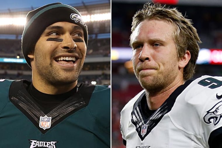 Eagles quarterbacks Mark Sanchez (left) and Nick Foles. (David Mailetti/Staff Photographer) (Yong Kim/Staff Photographer)