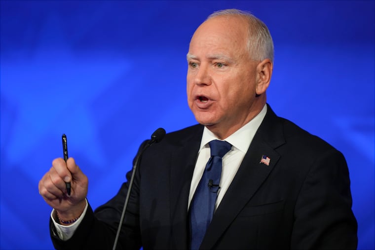 Democratic vice presidential nominee Minnesota Gov. Tim Walz speaks during a vice presidential debate on Tuesday.