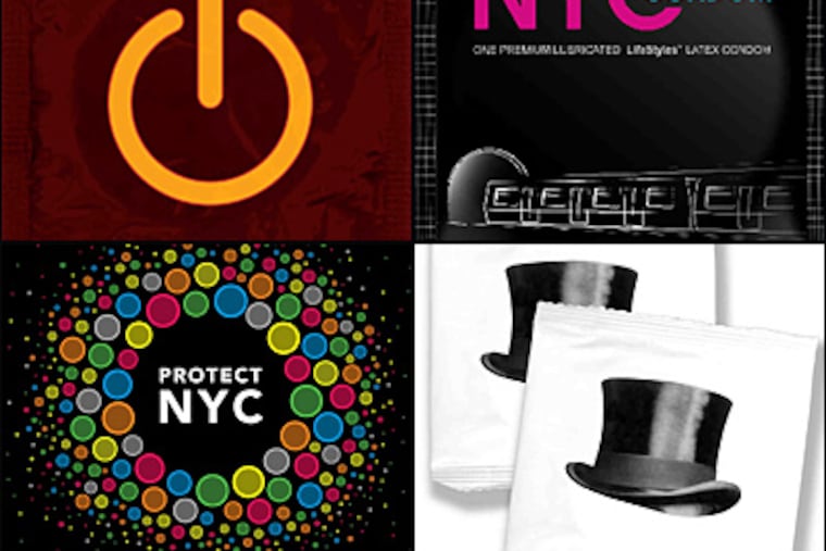 The New York City condom wrapper contest drew many entries. The winning image: electronic power button (top left). Other finalists included Train (clockwise, top right), Top Hat and Circle of Condoms.
