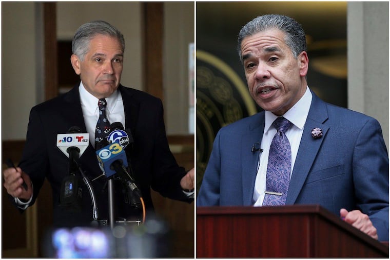 Philadelphia District Attorney Larry Krasner, left, and challenger Carlos Vega, right.