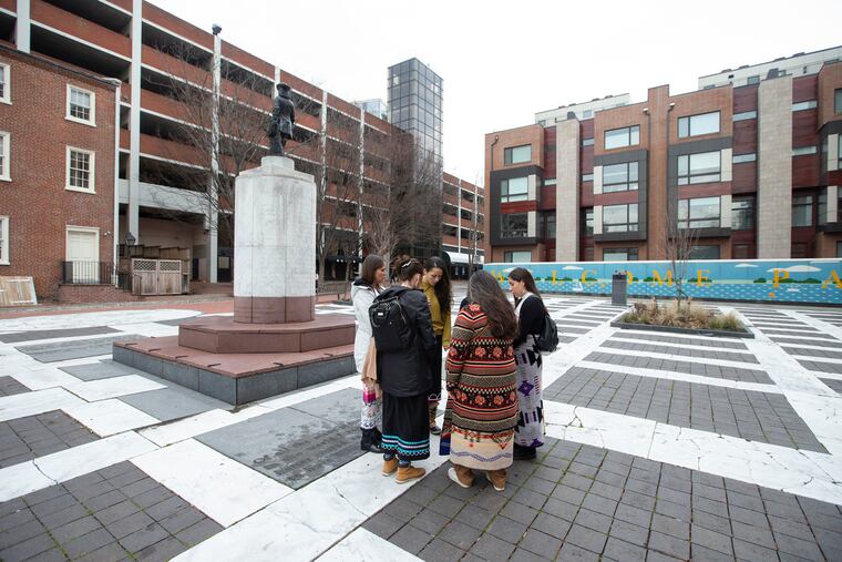 Six Haudenosaunee women from upstate New York came to Philadelphia to investigate a piece of land given to the Haudenosaunee, (Six Nations from the Iroquois Confederacy) in 1755 by John Penn, William Penn’s grandson. The land was granted to the Haudenosaunee as a place to meet, to camp, and discuss treaties. That piece of land is now the southeast corner of Welcome Park, right, and under a portion of the Moravian condominiums. The women gathered in prayer on Feb. 4, 2020.