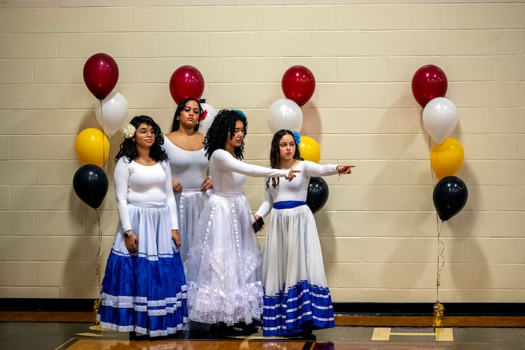 January 27, 2025: Dancers from Camden Academy Charter High School wait to perform in their gym during a check-presentation ceremony.