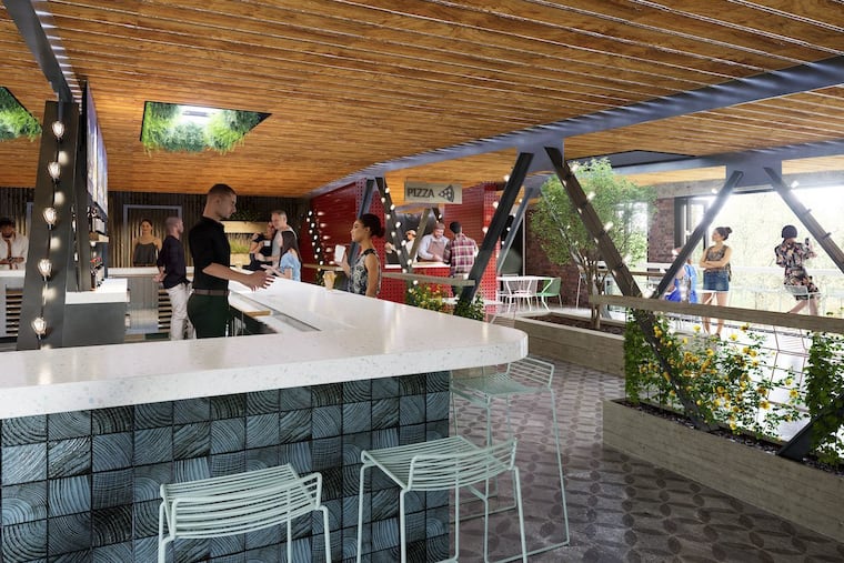 A rendering of Source Brewing's rooftop terrace, which will feature brick oven pizza, games, skylights, and sliding glass windows. Owners are eyeing a February 2025 grand opening for the Manayunk location.