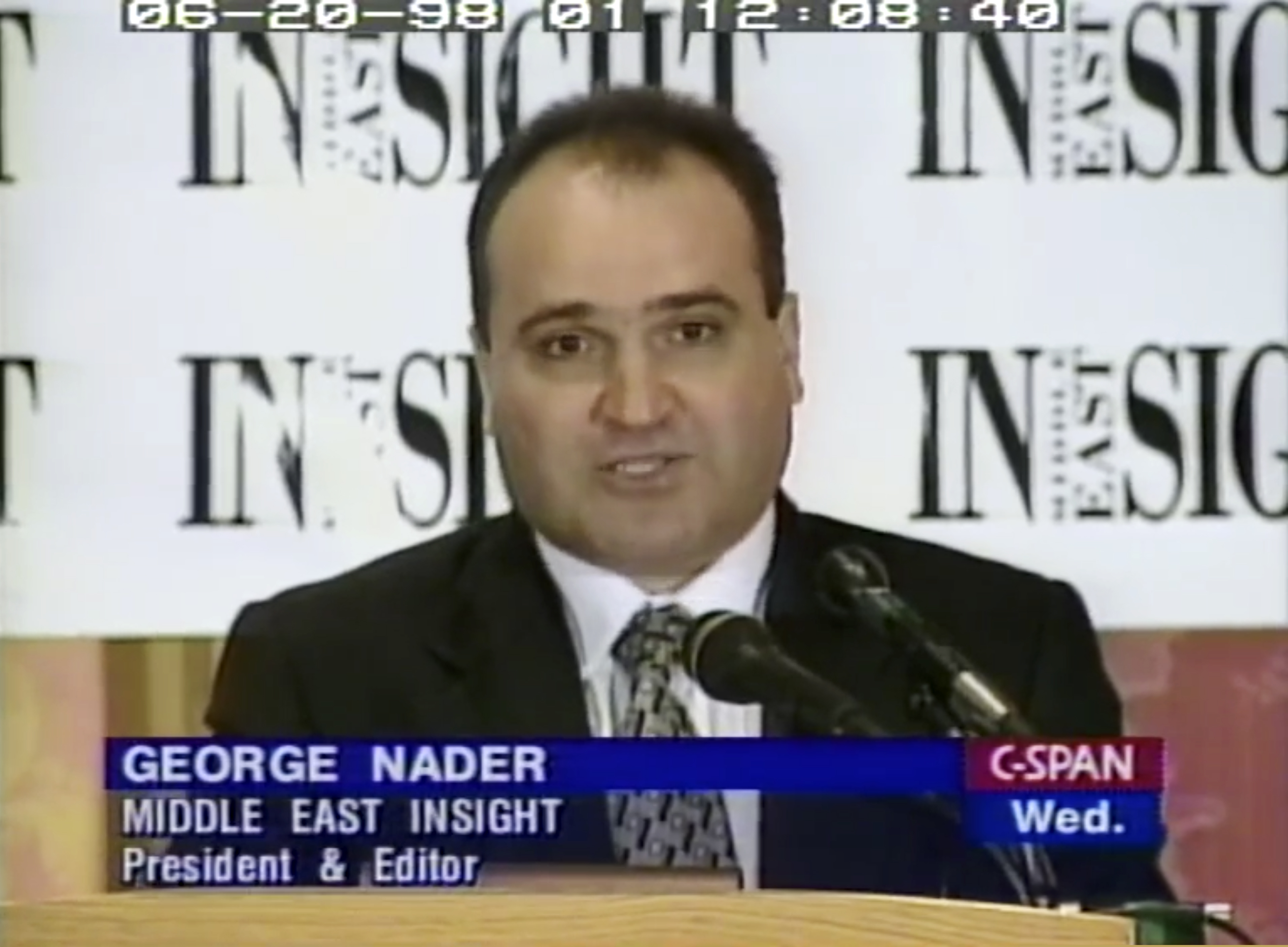 This 1998 file frame from video provided by C-SPAN shows George Nader, then-president and editor of Middle East Insight.