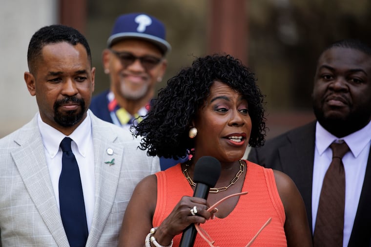 Mayor Cherelle L. Parker speaks during a press conference announcing her endorsement of Sharif Street for the PA-3 Congressional seat, outside of City Hall on Wednesday, April 15, 2026 in Philadelphia.